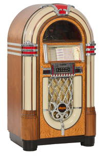 Antiques Apparatus "Bubbler" Compact Disc Jukebox, 1990s, after the Original 1946 Wurlitzer 1015,: Antiques Apparatus "Bubbler" Compact Disc Jukebox, 1990s, after the Original 1946 Wurlitzer 1015, burled elm and satin wood case, flanked and centered by four bubble light tubes, mounted with chrome f
