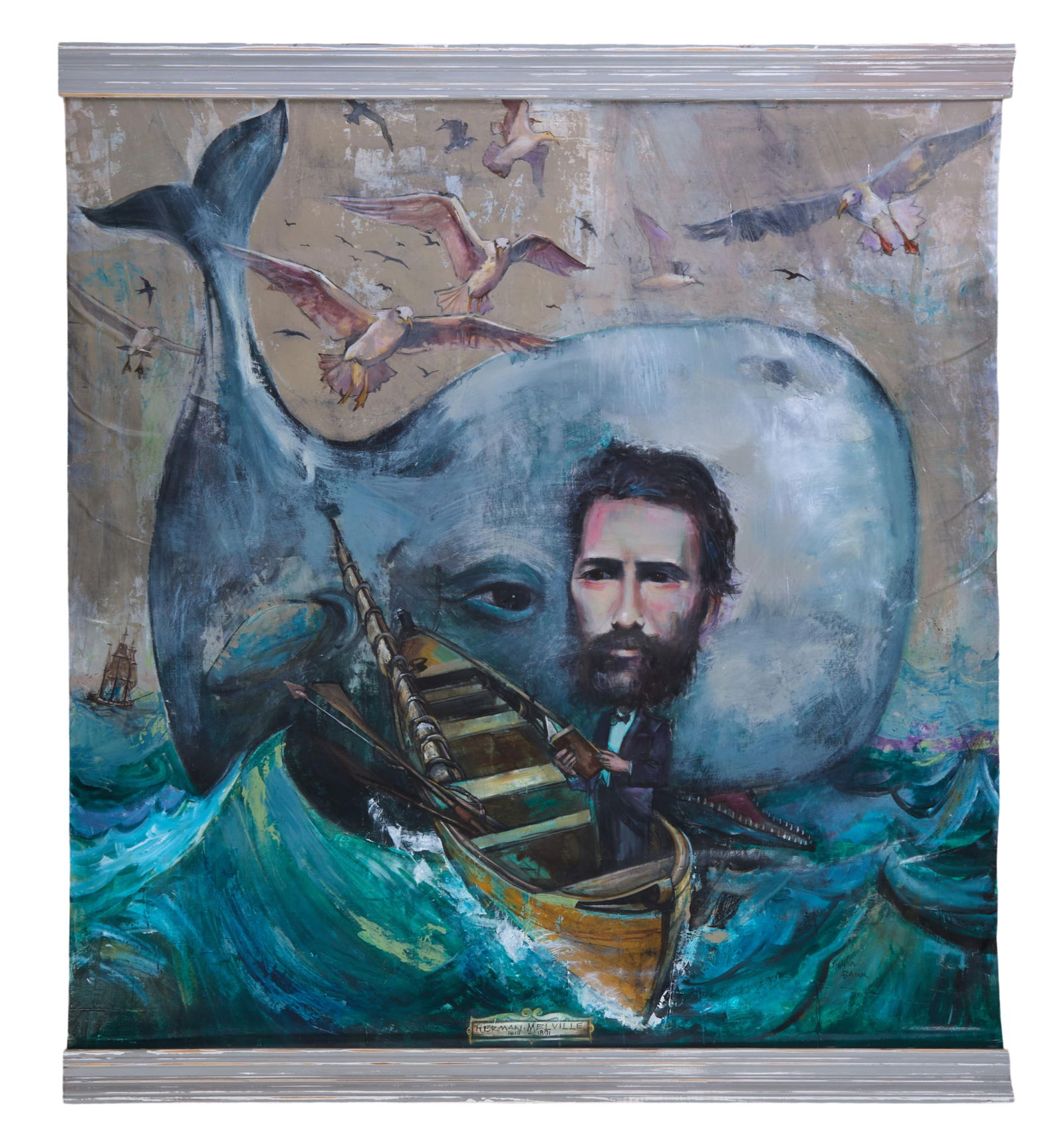 Gary Patterson and Marion Barnes (American/Alabama, 20th/21st Century), "Herman Melville/Moby Dick,": Gary Patterson and Marion Barnes (American/Alabama, 20th/21st Century), "Herman Melville/Moby Dick," oil on canvas, signed lower right, presented with two painted wood pieces on top and bottom, H.- 65