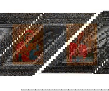 Russian Icons, "Mary with Jesus," and "Virgin Praying," 20th c., Both Sight- H.- 9 in., W.- 6 1/4: Russian Icons, "Mary with Jesus," and "Virgin Praying," 20th c., pair of oils on wood panels, each presented in matching polychromed frames, Both Sight- H.- 9 in., W.- 6 1/4 in., Framed- H.- 16 1/4 in