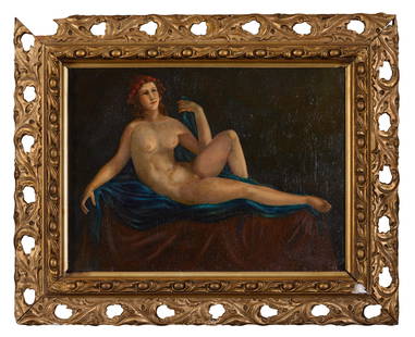 Continental/American School (20th Century), "Reclining Female Nude with Wreath of Roses," Sight- H.-: Continental/American School (20th Century), "Reclining Female Nude with Wreath of Roses," oil on canvas, indistinctly signed lower right, presented in a gesso and giltwood frame, Sight- H.- 13 1/2 in.