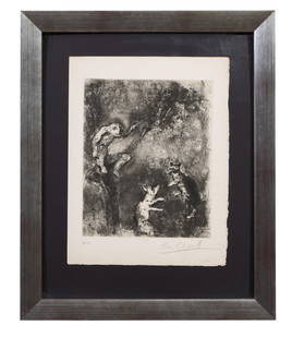 Marc Chagall (Russian/Paris, 1887-1985), "The Wolf Pleading Against the Fox Before the Monkey," from: Marc Chagall (Russian/Paris, 1887-1985), "The Wolf Pleading Against the Fox Before the Monkey," from Les Fables de La Fontaine, Vol. 1, 1952, etching on paper, pencil signed lower right and numbered E