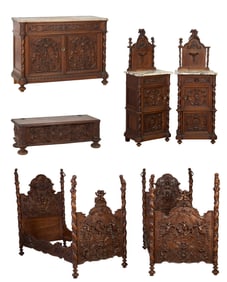 Rare Six Piece Italian Renaissance Revival Carved Walnut Putti Bedroom Group, late 19th c., Bed