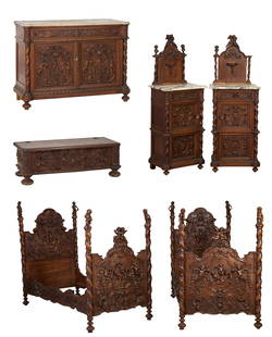 Rare Six Piece Italian Renaissance Revival Carved Walnut Putti Bedroom Group, late 19th c., Bed: Rare Six Piece Italian Renaissance Revival Carved Walnut Putti Bedroom Group, late 19th c., comprised of two four post figural twin beds, two marble top figural nightstands, a coffer, and a dresser; t