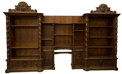 Italian Renaissance Revival Style Carved Walnut Secretary Bookcase, 20th c., H.- 94 in., W.- 157 in.