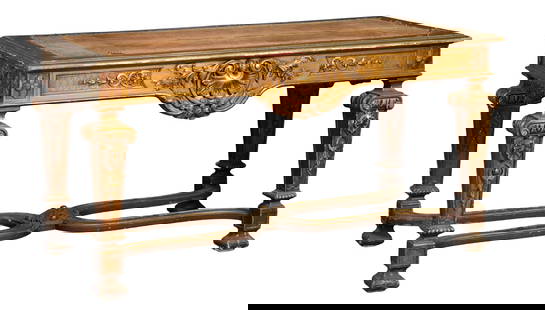 Italian Carved Giltwood Center Table, mid 19th c., H.- 32 in., W.- 61 in., D.- 31 1/2 in.: Italian Carved Giltwood Center Table, mid 19th c., the inset writing surface with a moulded surround, relief carved shell with 'C' scrolls, flanked by strap work on diapered background, rosette block