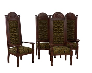 Four American Aesthetics Carved Oak Throne Chairs, late 19th c., Each- H.- 66 in., W.- 30 in.,