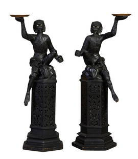 Pair of Carved Wood Monkey Waiters, 20th c., Each- H.- 56 in., W.- 24 in., D.- 24 in. (2 Pcs.): Pair of Carved Wood Monkey Waiters, 20th c., the opposing seated monkeys each balancing a metal tray overhead, seated on a rock cropping atop a pierced fretwork hexagonal pedestal with a stepped base,