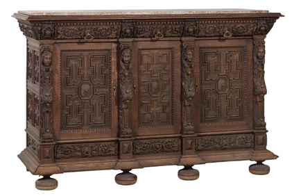 Renaissance Revival Marble Top Carved Walnut Server, late 19th c., H.- 50 in., W.- 79 1/2 in., D.-