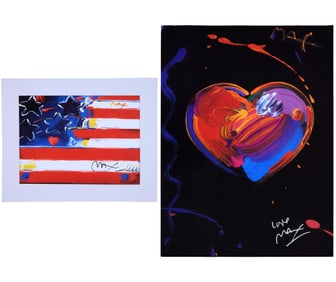 Peter Max (German/American, 1937-2023), "Flag," and "Heart," 2001, Smaller- H.- 15 3/4 in., W.- 20