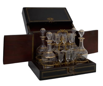 French Ebonized Wood Tantalus, late 19th. c., Box- H.- 10 in., W.- 13 in., D.- 9 1/2 in. (19 Pcs.)