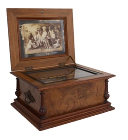 German Marquetry Inlaid Burled Walnut Symphonium Disc Music Box, early 20th c., H.- 10 1/4 in., W.-