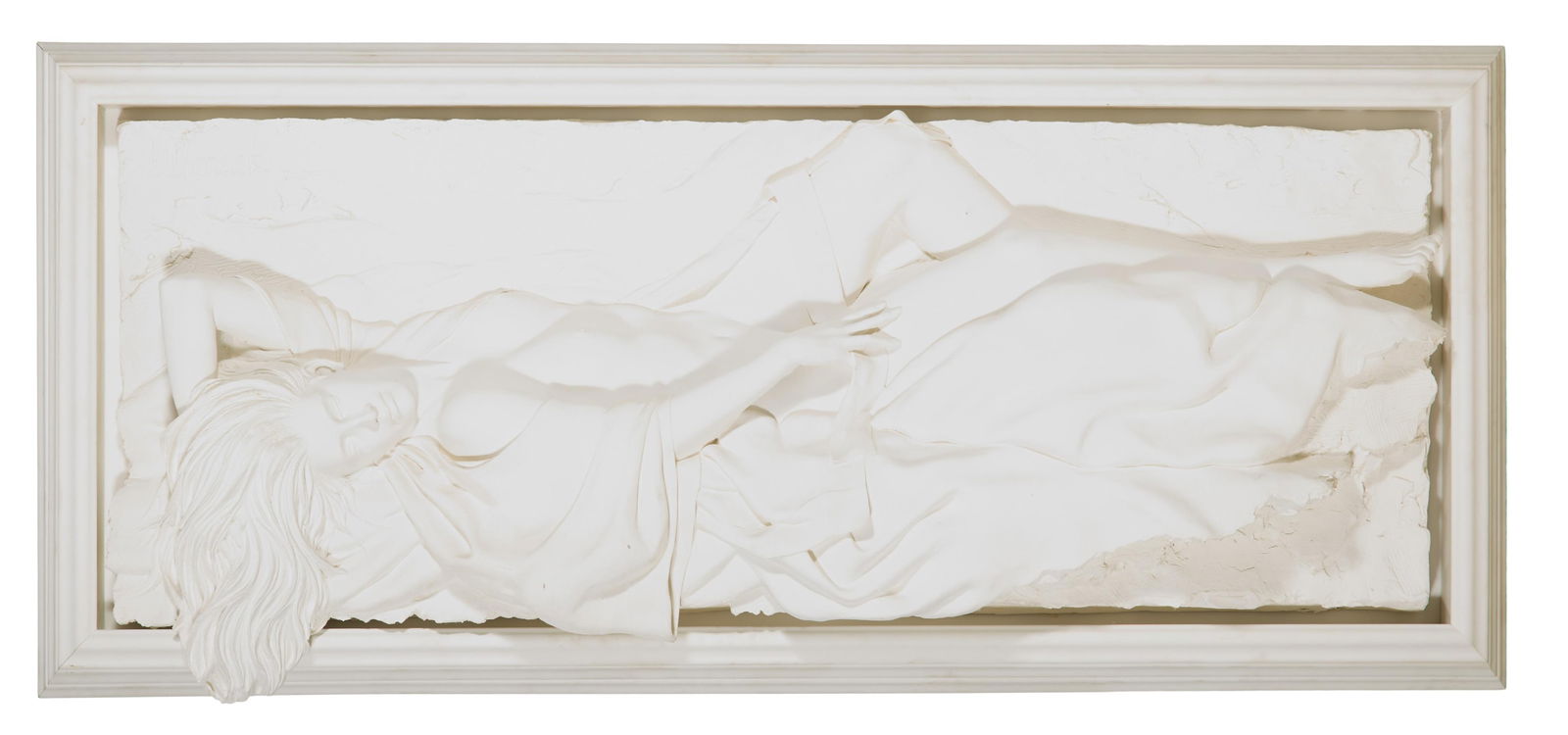 Bill Mack (American, b. 1949), "Large Sleeping Nude Woman with Flowing Hair," Overall- H.- 34 in.,: Bill Mack (American, b. 1949), "Large Sleeping Nude Woman with Flowing Hair," bonded sand wall relief on wood panel, signed lower right, presented in a white composite wood frame, Overall- H.- 34 in.,