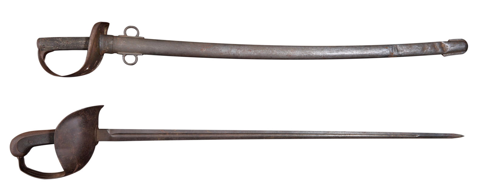 Two Military Swords, Longer- L.- Blade- 34 in.: Two Military Swords, the first, a U.S. World War 1 Naval cutlass stamped "L.F. + C/1918" on left side, with a steel hand guard and hard rubber handle; the second, a late 19th century cavalry cutlass b
