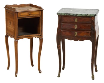 Two French Louis XV Style Inlaid Nightstands, early to mid 19th c., Larger- H.- 28 1/2 in., W.- 16