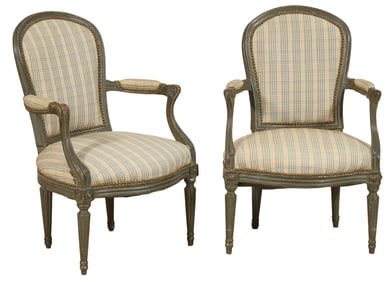 Pair of French Louis XVI Style Gris Peinte Walnut Fauteuils, 20th c., Each- H.- 35 in., W.- 23 1/4