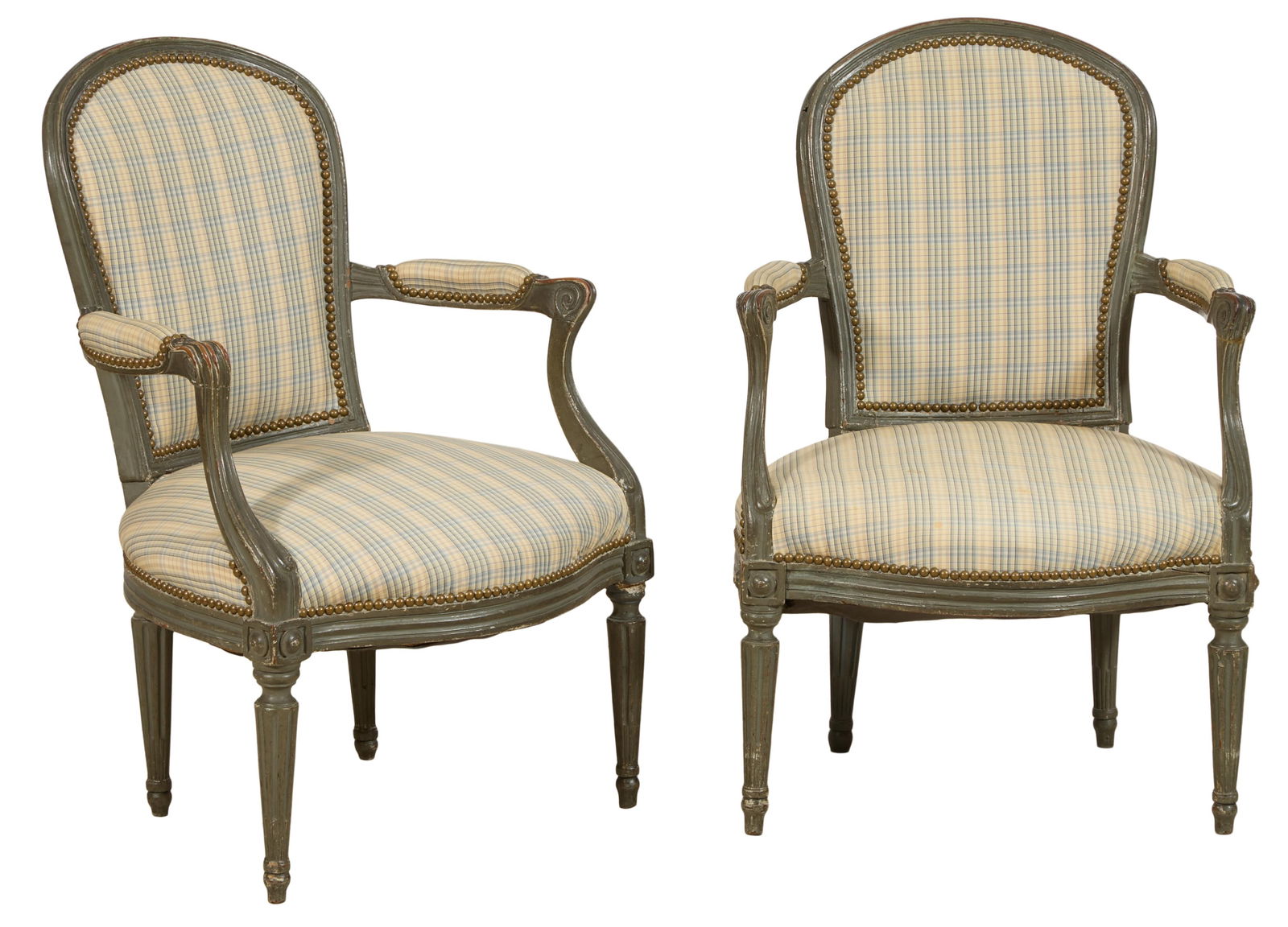 Pair of French Louis XVI Style Gris Peinte Walnut Fauteuils, 20th c., Each- H.- 35 in., W.- 23 1/4: Pair of French Louis XVI Style Gris Peinte Walnut Fauteuils, 20th c., the arched molded upholstered backs into padded arms, over serpentine molded seat rails, on tapered fluted legs with toupie feet,