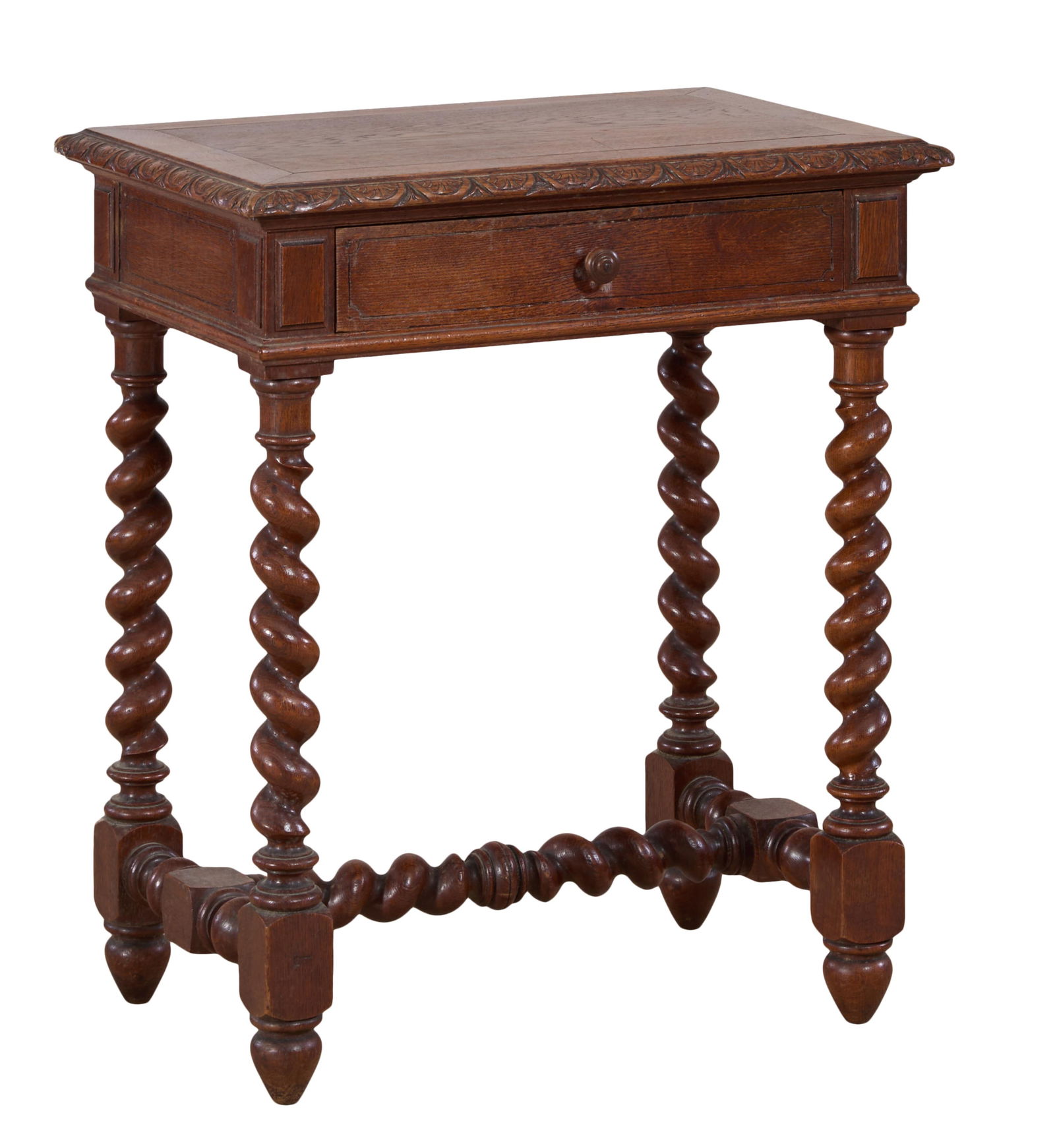 French Louis XIII Style Oak Side Table, late 19th c., H.- 29 1/2 in., W.- 25 1/2 in., D.- 17 1/2 in.: French Louis XIII Style Oak Side Table, late 19th c., the rectangular top with carved decorated edge, incised frieze drawer, spool turned and barley twist legs, blocked barley twist 'H' stretcher, tou