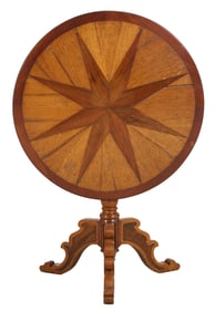 French Napoleon III Inlaid Oak and Walnut Tilt Top Table, late 19th c., Down- H.- 30 in., Dia.- 31