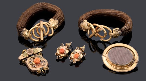 Six Pieces of Mourning Jewelry, 19th c., App. Wt.- 41.5 grams; Brooch- H.- 1 1/4 in., W.- 1 5/8 in.