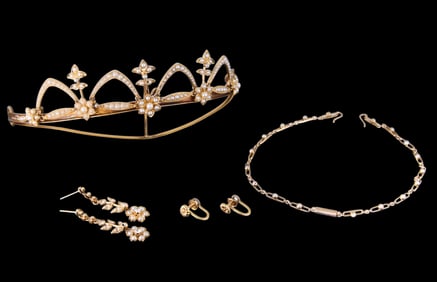 Six Piece 15K Yellow Gold and Seed Pearl Parure, App. Wt.- 36 grams; Tiara- H.- 1 5/8 in., W.- 4 1/2