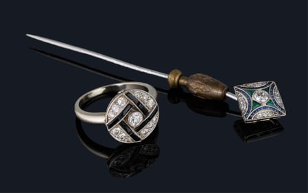 Two Pieces of Platinum Diamond Jewelry, App. Wt.- 9.4 grams; Pin- L- 2-7/8 in.; Ring- size 6. (2