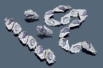 Four Pieces of Beto of Taxco Sterling Silver and Amethyst Jewelry, App. Wt.- 82 grams; Necklace- L.-