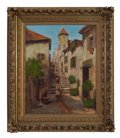 Virgilio Ripari (Italian, 1843-1902), "Street Scene with Water Carrier," H.- 20 in., W.- 16 in.,
