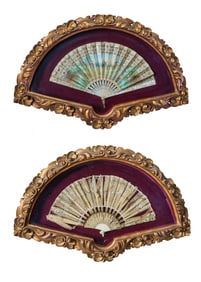 Two Gilt Framed Hand-Painted Hand Fans, early 20th c., First- H.- 15 1/4 in., W.- 23 1/2 in.,