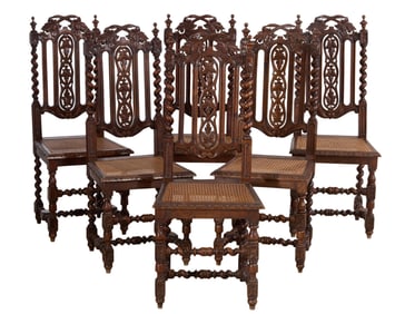 Six French Henri II Style Oak Dining Chairs, 19th c., Each- H.- 42 in., W.- 17 1/2 in., D.- 16 in.