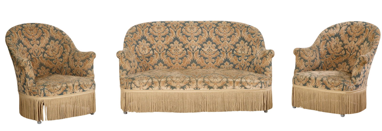 French Napoleon III Beech Seating Group, late 20th c., Sofa- H.- 30 in., W.- 55 in. D.- 34 in.; Chai: French Napoleon III Beech Seating Group, late 20th c., including a sofa and two bergeres, the arched backs into restrained scrolled arms, bullion fringe, in cut velvet upholstery with bullion trim, So