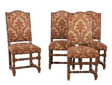 Four French Louis XIII Style Beech Tall Back Dining Chairs, 19th c., H.- 42 in., W.- 19 1/2 in.,