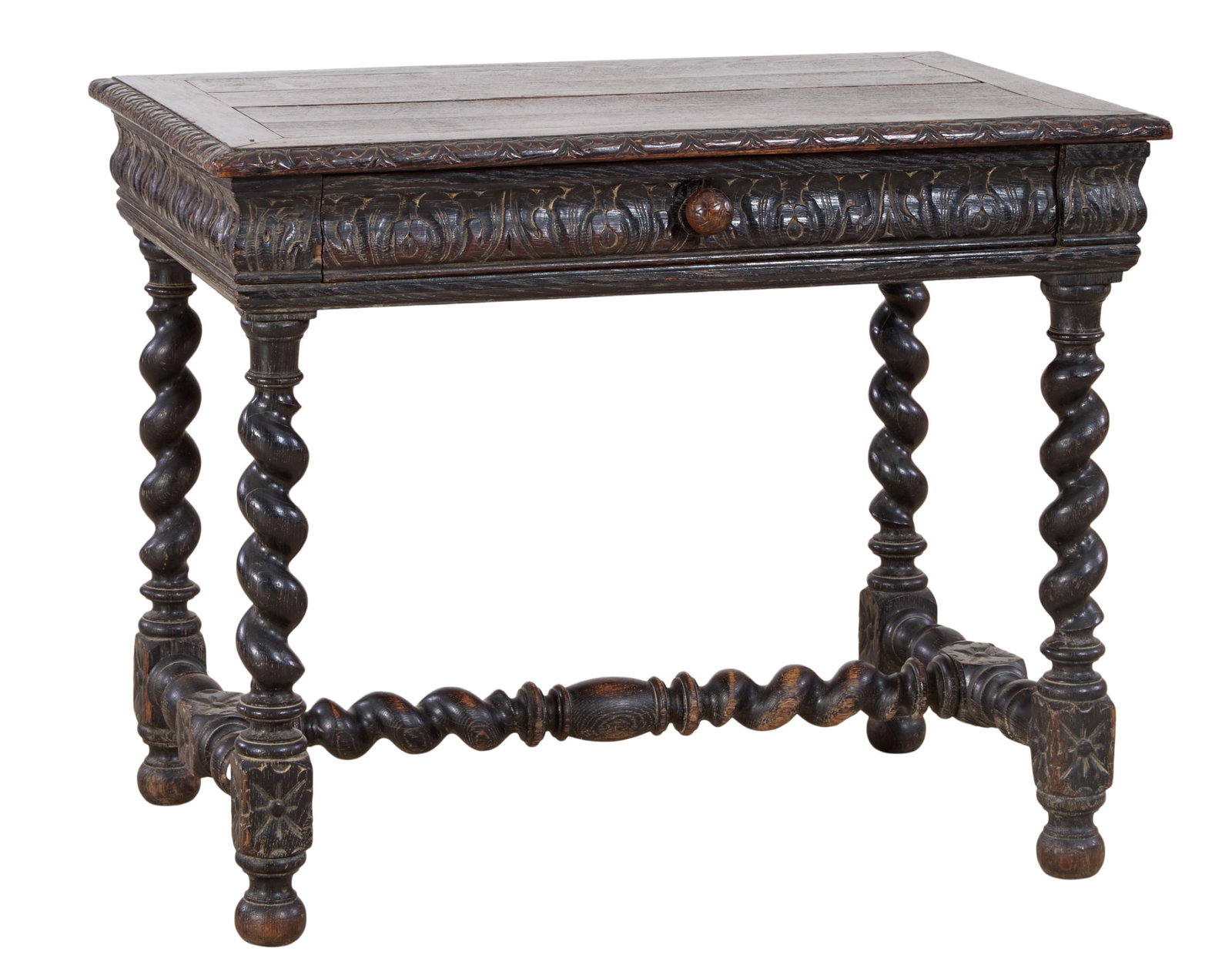 French Henri II Style Oak Writing Table, late 19th c., H.- 28 1/2 in., W.- 35 1/4 in., D.- 23 in.: French Henri II Style Oak Writing Table, late 19th c., the rectangular top with carved edge, acanthus carved cyma frieze with one long drawer, rosette blocked barley twist 'H' stretcher, shaped feet, 