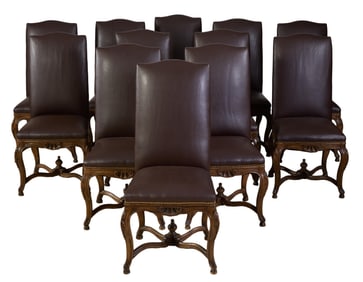 Twelve French Louis XIV Style Carved Walnut Leather Dining Chairs, 20th c., Each- H.- 45 in.