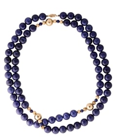 Lapis and 14K Yellow Gold Bead Necklace, App. Wt.- 152 grams; L.- 37 in.