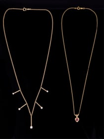 Two 14K Yellow Gold Necklaces, App.- Wt.- 5.8 grams; Diamonds- L.- 16 3/4 in., Heart- L.- 14 in.