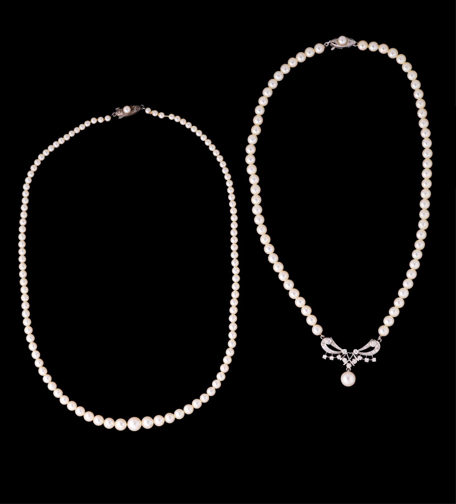 Two Pearl Necklaces, App. Wt.- 33.5 grams; Graduated Strand- L.- 17 3/4 in. (2 Pcs.): Two Pearl Necklaces, consisting of one with a 18K white gold bow-form pendant set with approximately 1.05 carats total weight of diamonds and with 7.75mm pearl drop, flanked by two strands of 5.5mm pe