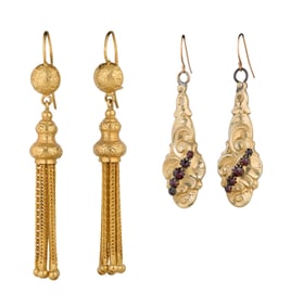 Two Pairs of Yellow Gold Earrings, App. Wt.- 13.2 grams; Tassels- H.- 2 in., W.- 3/8 in.; Pendant-