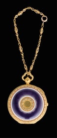 10K Yellow Gold Enamel Compact, App. Wt.- 65.6 grams; Chain- L.- 6 in.; Compact- Dia.- 1 3/4 in.