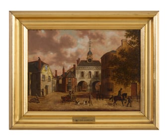 Joseph Kennedy (British, act. 1840-1890), "Street Scene with Old Barnstable," H.- 9 in., W.- 11