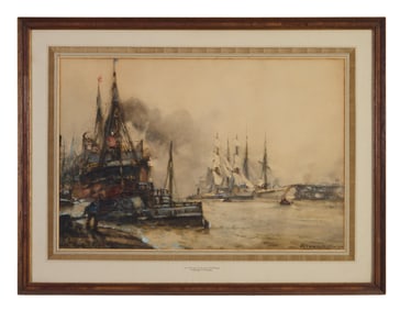 Frank Mason (English, 1876-1965), "Shipping Port," 1900, Sight- H.- 19 in., W.- 28 1/2 in., Framed-