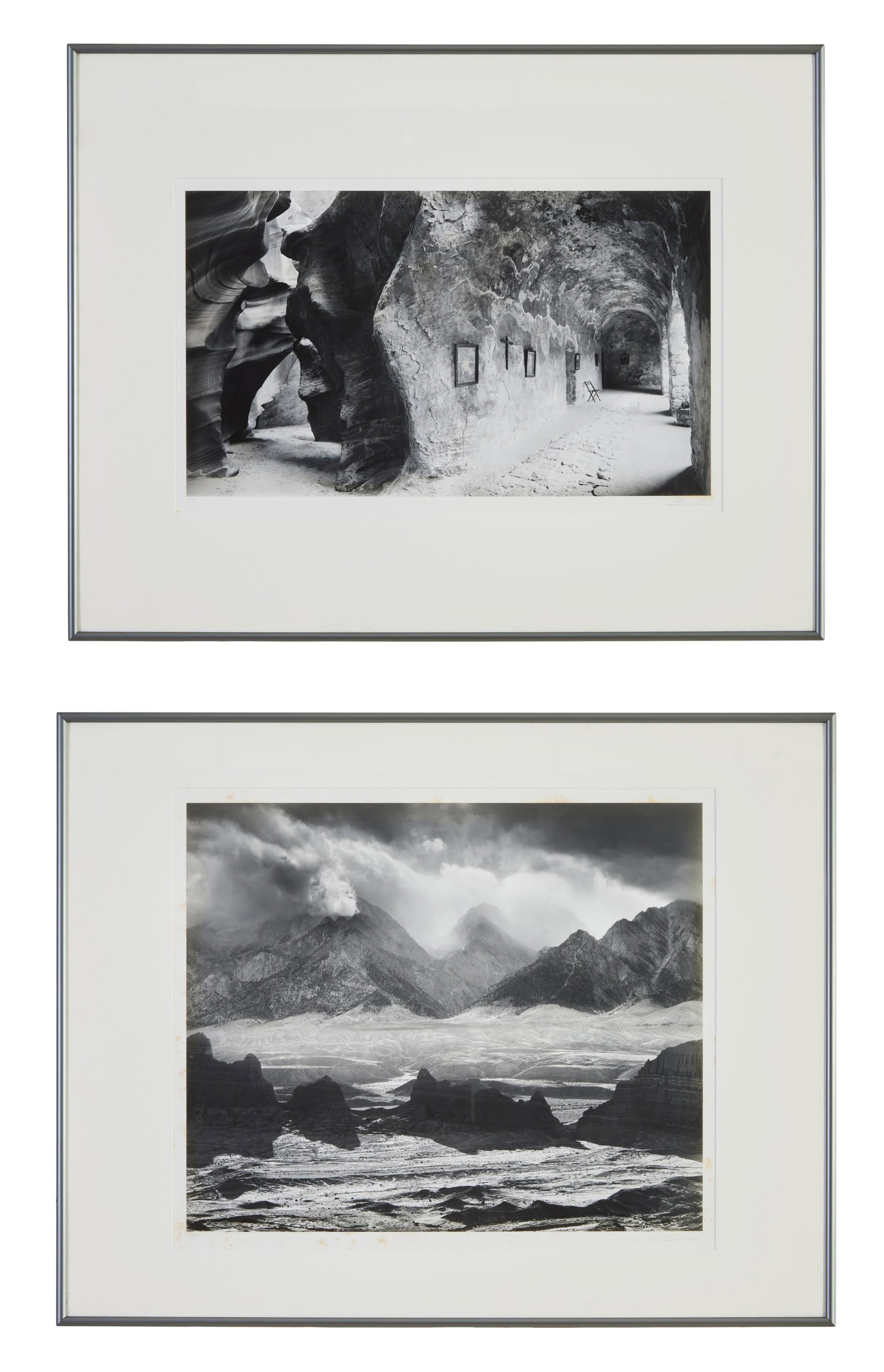 Bruce Barnbaum (American/Washington, b. 1943), Two Nature Photographs, First- Sight- H.- 15 1/2 in.,: Bruce Barnbaum (American/Washington, b. 1943), Two Nature Photographs, consisting of: "View of Mountains and Valley," 1993, black and white gelatin print, signed lower right, dated lower left; togethe