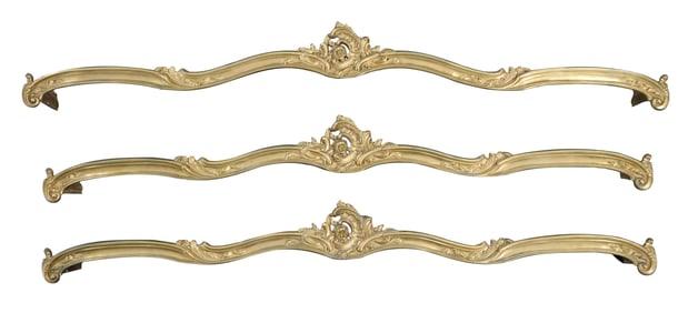 Set of Three Cast Brass Relief Curtain Brackets, early 20th c., Each- H.- 6 in., W.- 66 in.,
