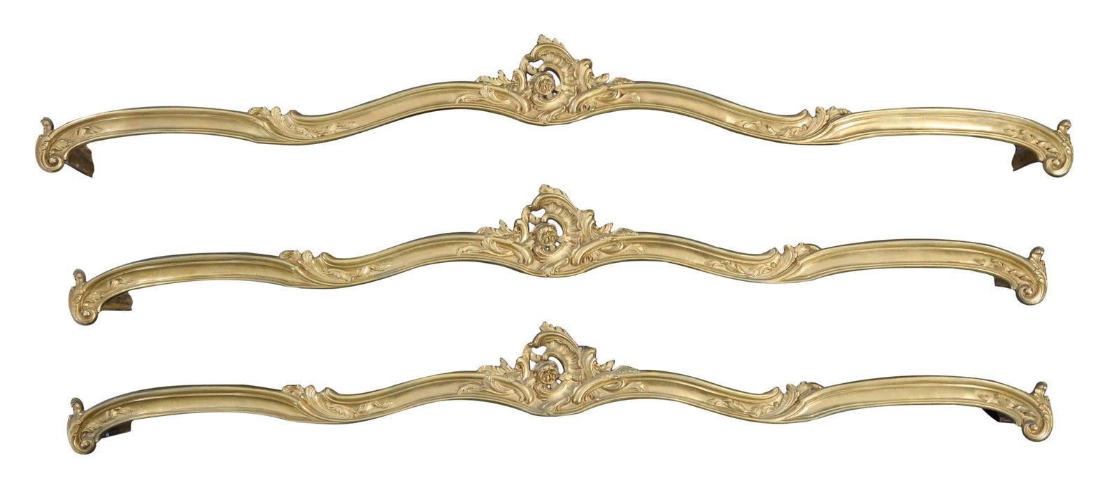 Set of Three Cast Brass Relief Curtain Brackets, early 20th c., Each- H.- 6 in., W.- 66 in.,: Set of Three Cast Brass Relief Curtain Brackets, early 20th c., with scroll decoration, Each- H.- 6 in., W.- 66 in., D.- 6 1/2 in. (3 Pcs.)