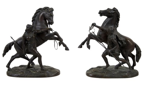 Pair of Polychromed Bronze Marly Horses, 19th c., Each- H.- 11 3/8 in., W.- 10 in., D.- 4 1/2 in.