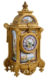 French Gilt Bronze and Porcelain Mounted Mantel Clock, 19th c., H.- 16 in., W.- 9 1/2 in., D.- 6 in.