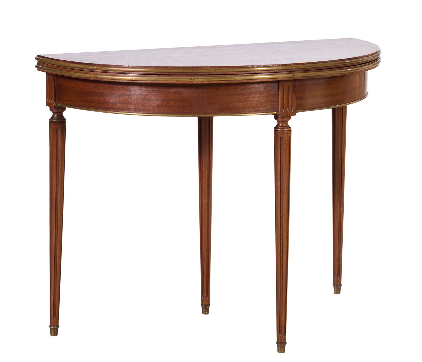 French Louis XVI Style Brass Trimmed Demi-Lune Games Table, late 19th c., H.- 28 1/2 in., W.- 39: French Louis XVI Style Brass Trimmed Demi-Lune Games Table, late 19th c., the hinged brass banded demi-lune top opens to reveal a baize lined playing surface, spool turned fluted tapered legs, brass c