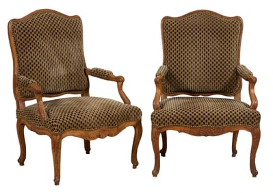 Two French Provincial Louis XV Style Walnut Fauteuil, 19th c., Each- H.- 39 in., W.- 27 in., D.- 24