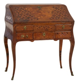 French Louis XV Style Parquetry and Marquetry Fall Front Secretary, 19th c., H.- 36 in., W.- 30 in.,