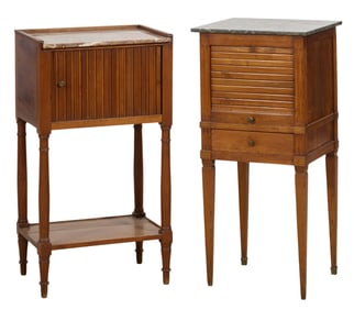 Two French Marble Top Cherry Tambour Nightstands, mid 19th c., Larger- H.- 32 1/4 in., W.- 15 in.,