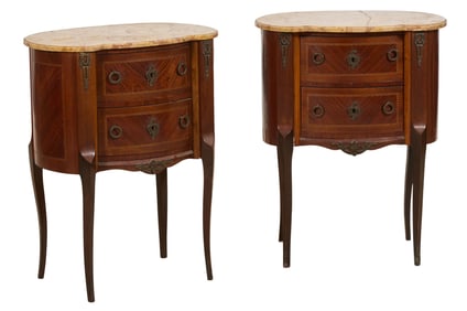 Pair of French Louis XV Style Marble Top Ormolu Mounted Parquetry Nightstands, 20th c., H.- 30 in.,